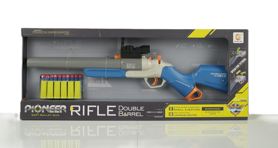 Playzokids Pioneer Safe Foam Dart Blaster with realistic sound, showing the toy gun and foam darts in action.