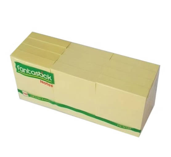 Yellow Fantastick Sticky Notes by Playzokids, 1.5x2 inch size, stacked with one note partially peeled.