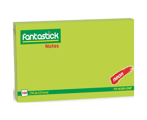 Bright green Fantastick Neon Sticky Notes by Playzokids, 76.2 x 127mm, showing their vibrant color and adhesive backing. Main image