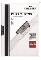 White DURACLIP 30 A4 clip folder by Playzokids, showing a sturdy plastic file folder with metal clip for organizing papers.