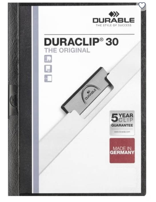 Black DURACLIP 30 A4 clip folder by Playzokids, showing the sturdy plastic cover with metal clip and secure closure. Main image