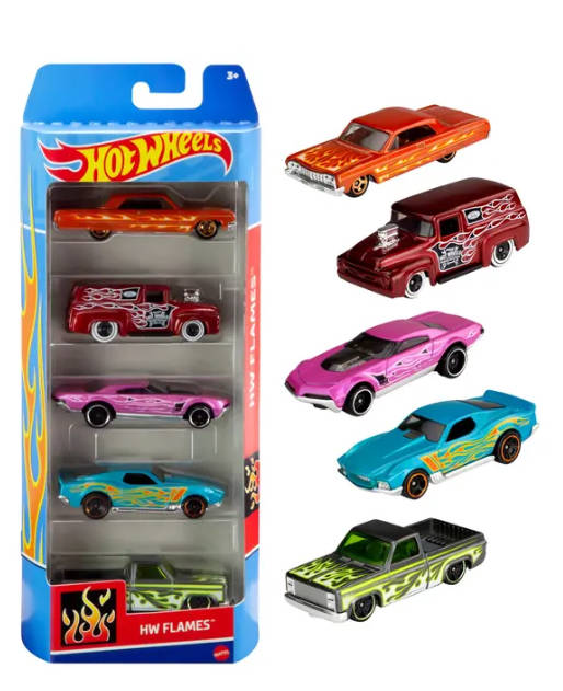 Set of five Mattel Hot Wheels toy cars in assorted styles, featuring colorful miniature racing vehicles.
