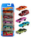 Set of five Mattel Hot Wheels toy cars in assorted styles, featuring colorful miniature racing vehicles.