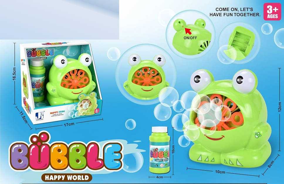 Colorful Fun Frog Bubble Machine toy with blinking lights and bubble output, ideal for kids' outdoor play and entertainment. Main image