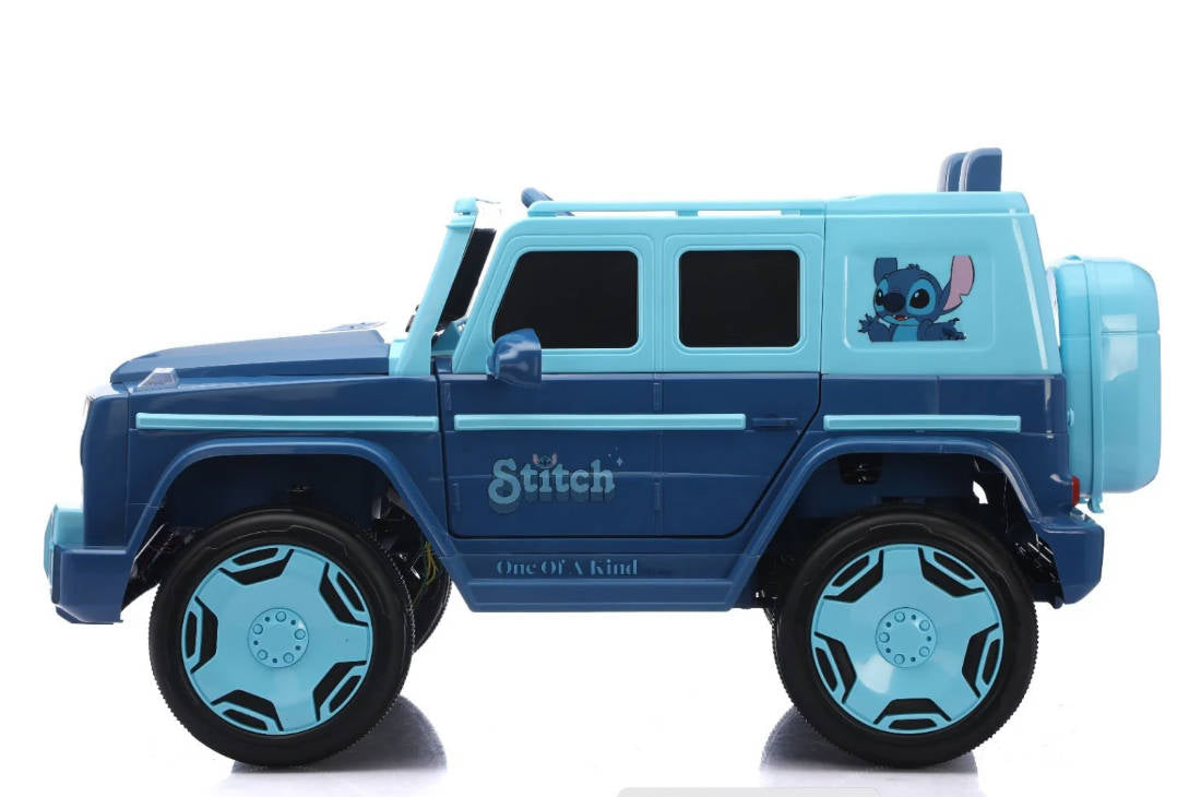 Playzo Stitch Kids electric pickup ride-on toy, blue and white with cartoon Stitch design, suitable for children. Main image