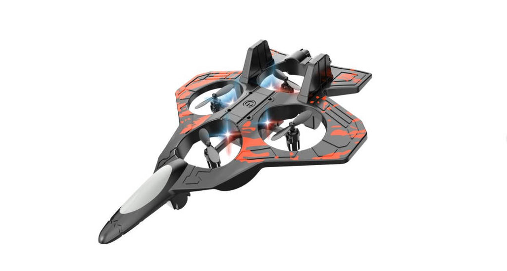 Remote controlled fighter toy airplane with 2.4GHz quadcopter design, featuring sleek wings and a compact, colorful body.