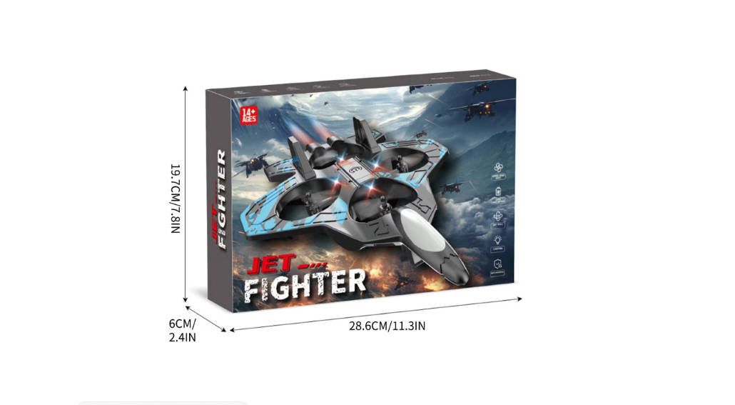 Remote controlled fighter quadcopter airplane toy with 2.4GHz remote, featuring sleek fighter plane design and colorful details.