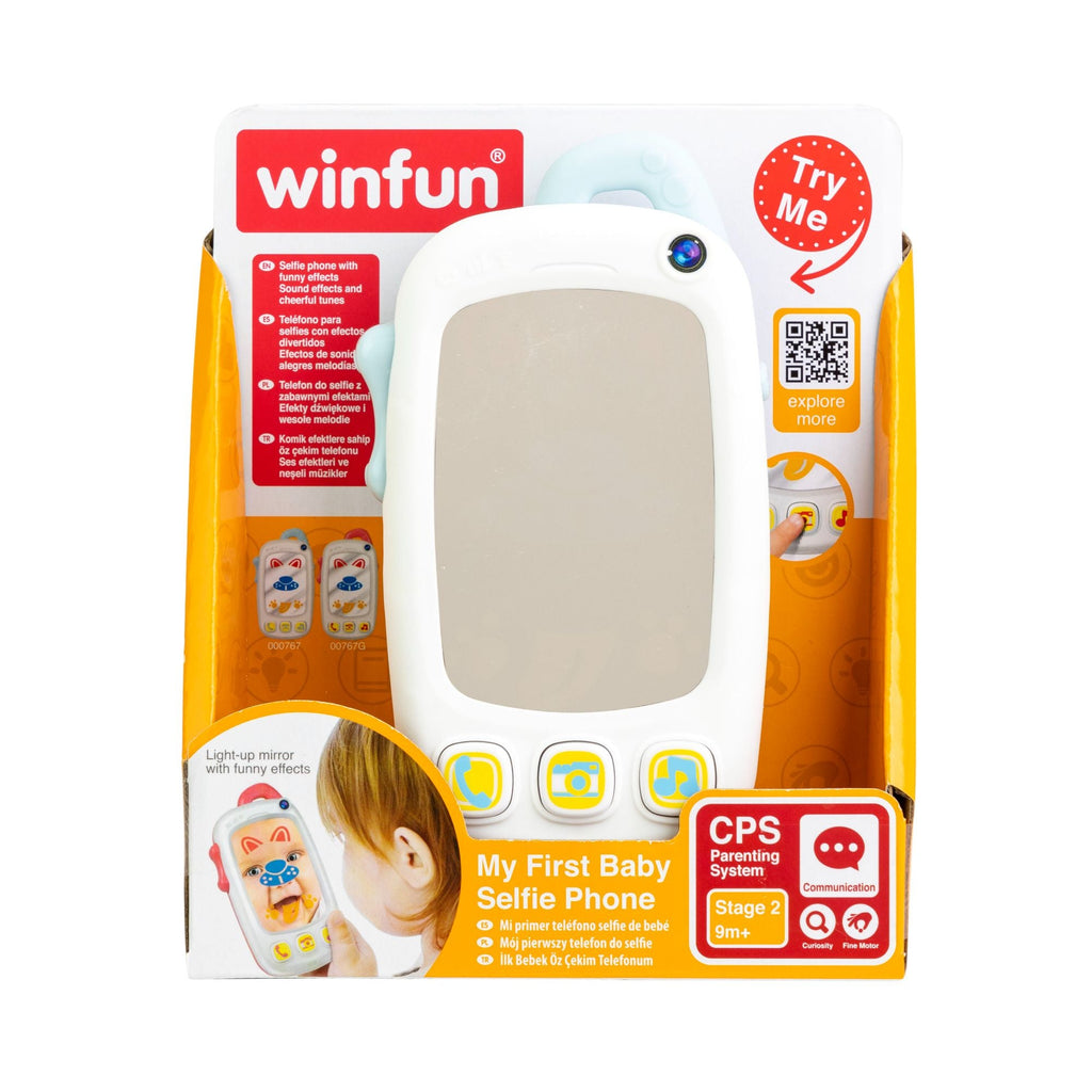 Winfun My First Baby Selfie Phone with colorful monkey design, featuring a pop-up camera and playful buttons for young children.