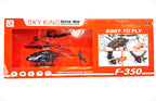 Playzo Sky King remote control flying helicopter with white and blue design, shown hovering against a plain background.