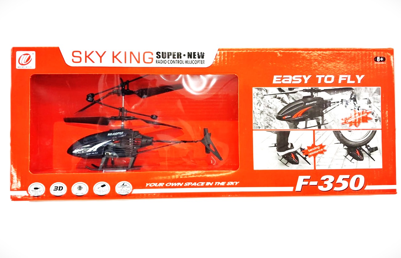Playzo Sky King remote control flying helicopter with white and blue design, shown hovering against a plain background.