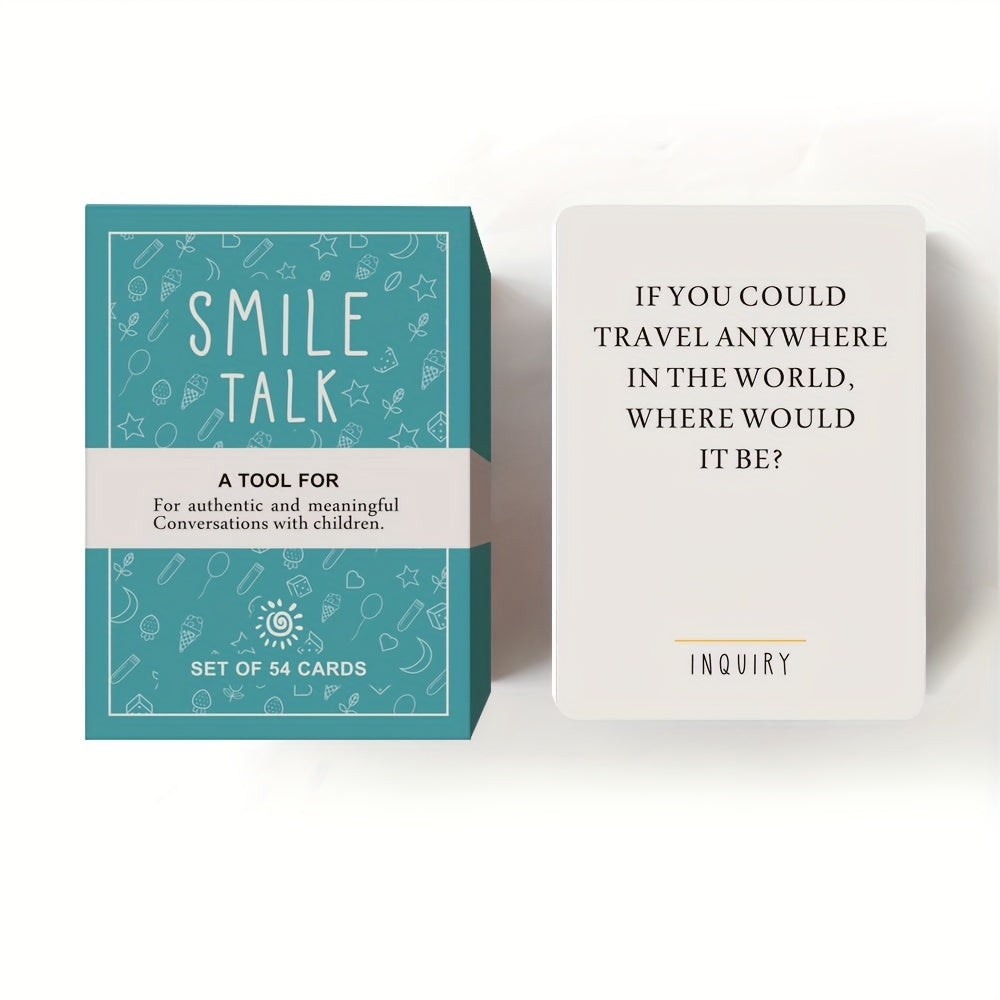 Box of SMILE TALK Parent-Game Cards showing colorful cards with conversation prompts and family activity ideas.