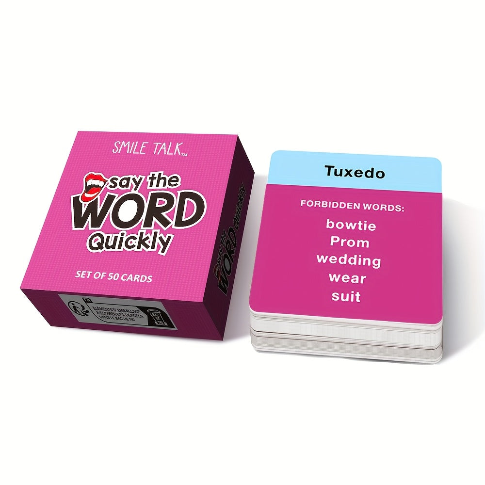 Quick Guesses Challenge Card Game by SMILE TALK featuring colorful cards with fun guessing prompts and game instructions.