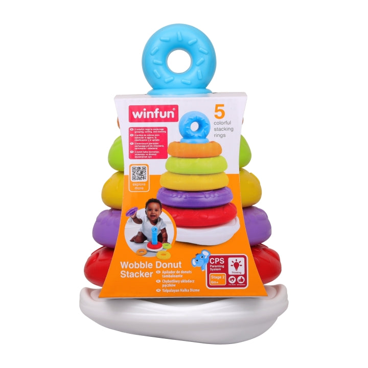 Colorful Winfun Wobble Donut Stacker toy with numbered, wobbling donut pieces for young children to play and learn.