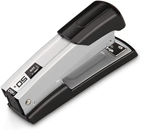 Black and white Playzokids Deli 24/6 and 26/6 stapler with 50-sheet capacity, designed for office or school use.