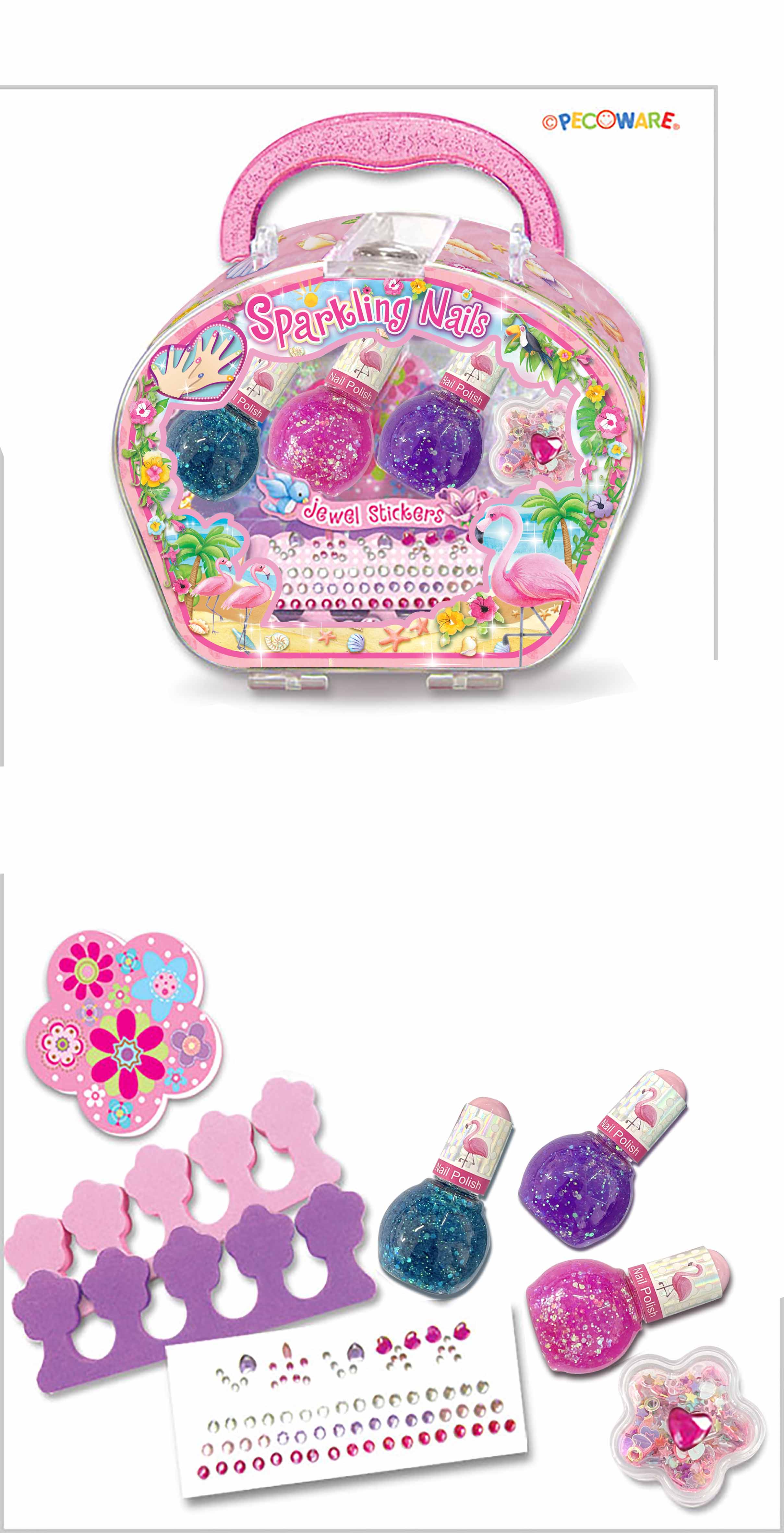 PECOWARE Pecoware Sparkling Nail Set with colorful, glittery nail polishes and decorative nail tools on a white background.