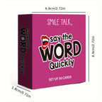 SMILE TALK Quick Guesses Challenge Card Game featuring colorful cards with fun guessing prompts for family or party play.