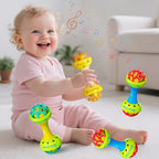 Dutora baby-grade vibrating hand bell toy with colorful handle and small bell, designed for infants' sensory play and development.