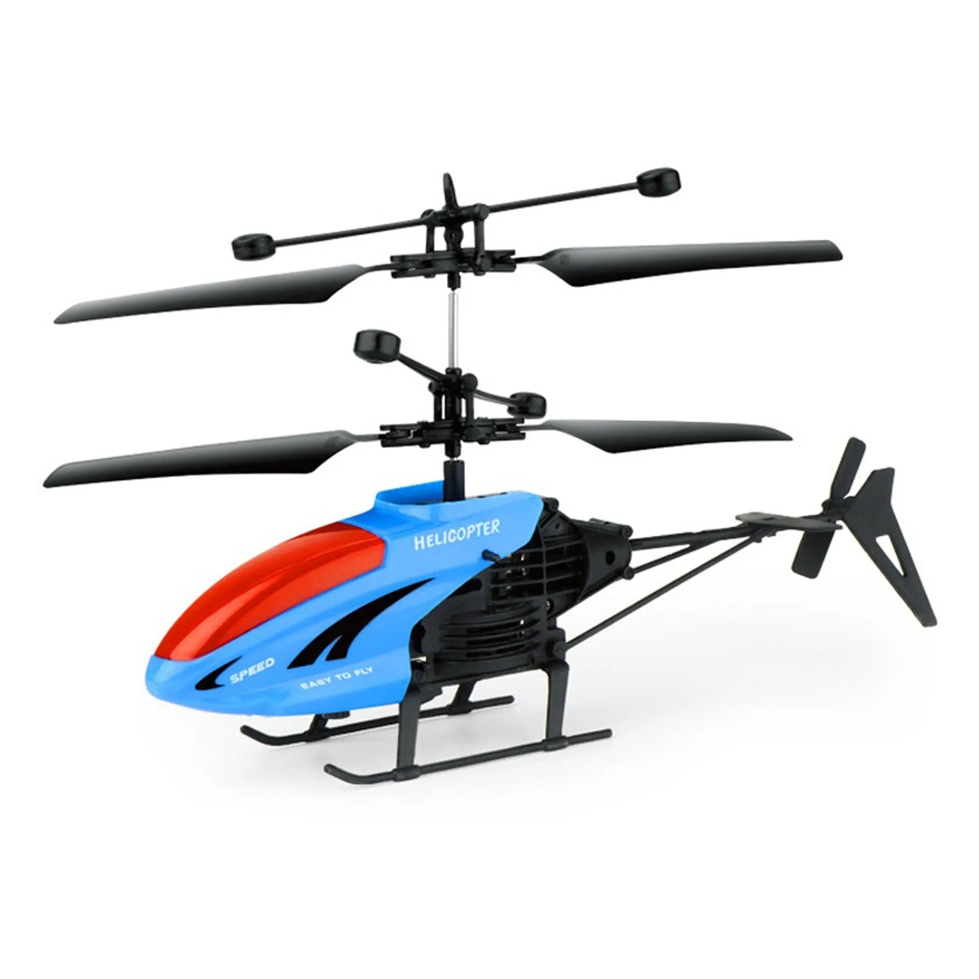 Playzo Sky King remote control flying helicopter in mid-air, showcasing its sleek design and propeller blades in action.