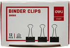 Playzokids Deli Black Binder Clips 19mm, set of 12, with metal handles, ideal for organizing papers and documents.