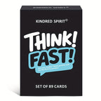 Box of Kinder Spirit Think Fast fast-paced Q&A game with colorful packaging and game components visible inside.
