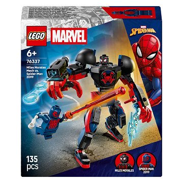 LEGO Marvel Miles Morales mecha and Spider-Man build set featuring detailed minifigures and robotic figures for play and display.