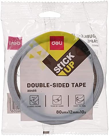 Playzokids Deli Double Sided Tissue Tape 80m x 12mm, showing the beige tape rolled out with a cardboard core and adhesive sides visible.