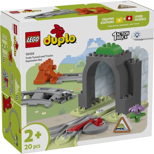Lego Duplo train tunnel and tracks expansion set 10425 with colorful tunnel piece and track connectors for kids' train play.