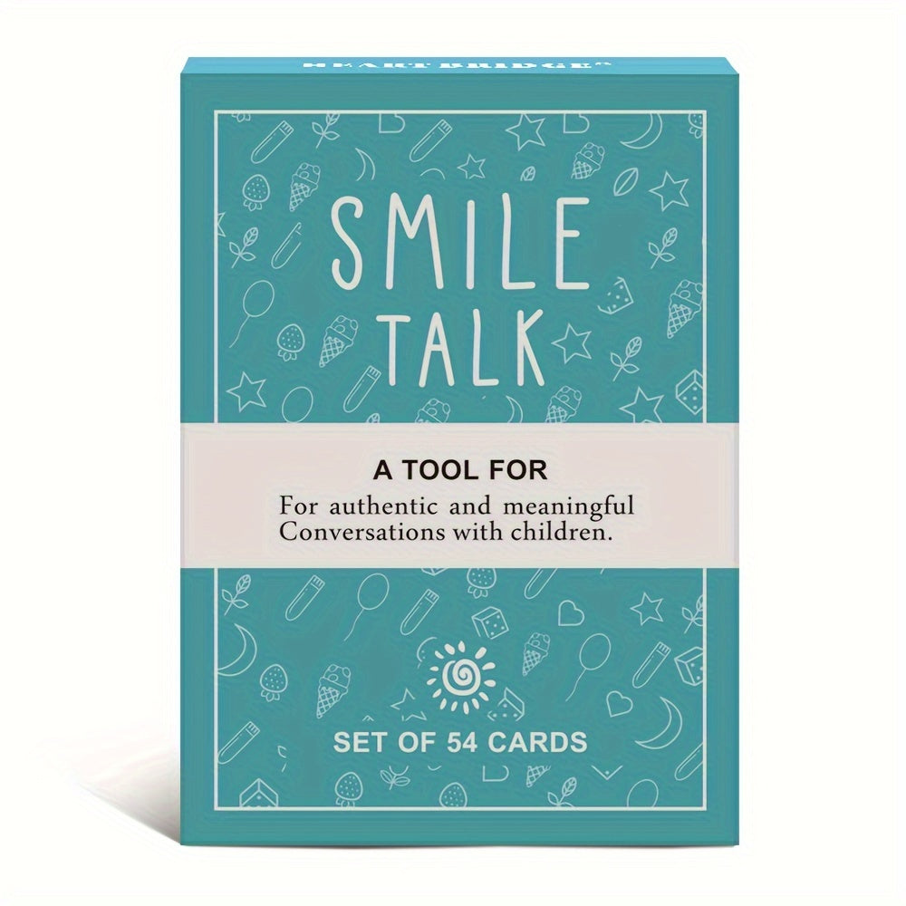 Box of SMILE TALK Parent-Game Cards featuring colorful illustrations and engaging prompts for family interaction.