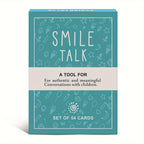 Box of SMILE TALK Parent-Game Cards featuring colorful illustrations and engaging prompts for family interaction.