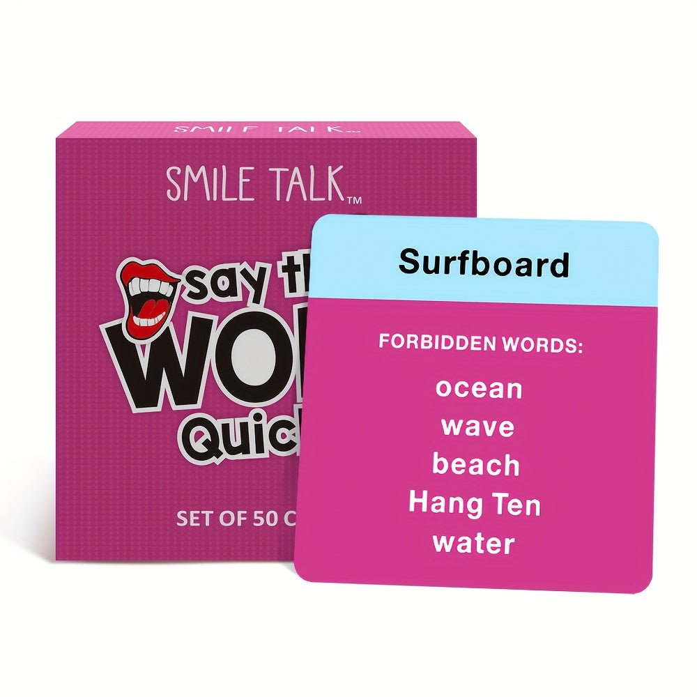 SMILE TALK Quick Guesses Challenge Card Game featuring colorful cards with fun guessing prompts for family and party play.