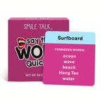 SMILE TALK Quick Guesses Challenge Card Game featuring colorful cards with fun guessing prompts for family and party play.