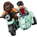 LEGO Harry Potter Hagrid and Harry escaping Privet Drive scene with minifigures and detailed LEGO set pieces.