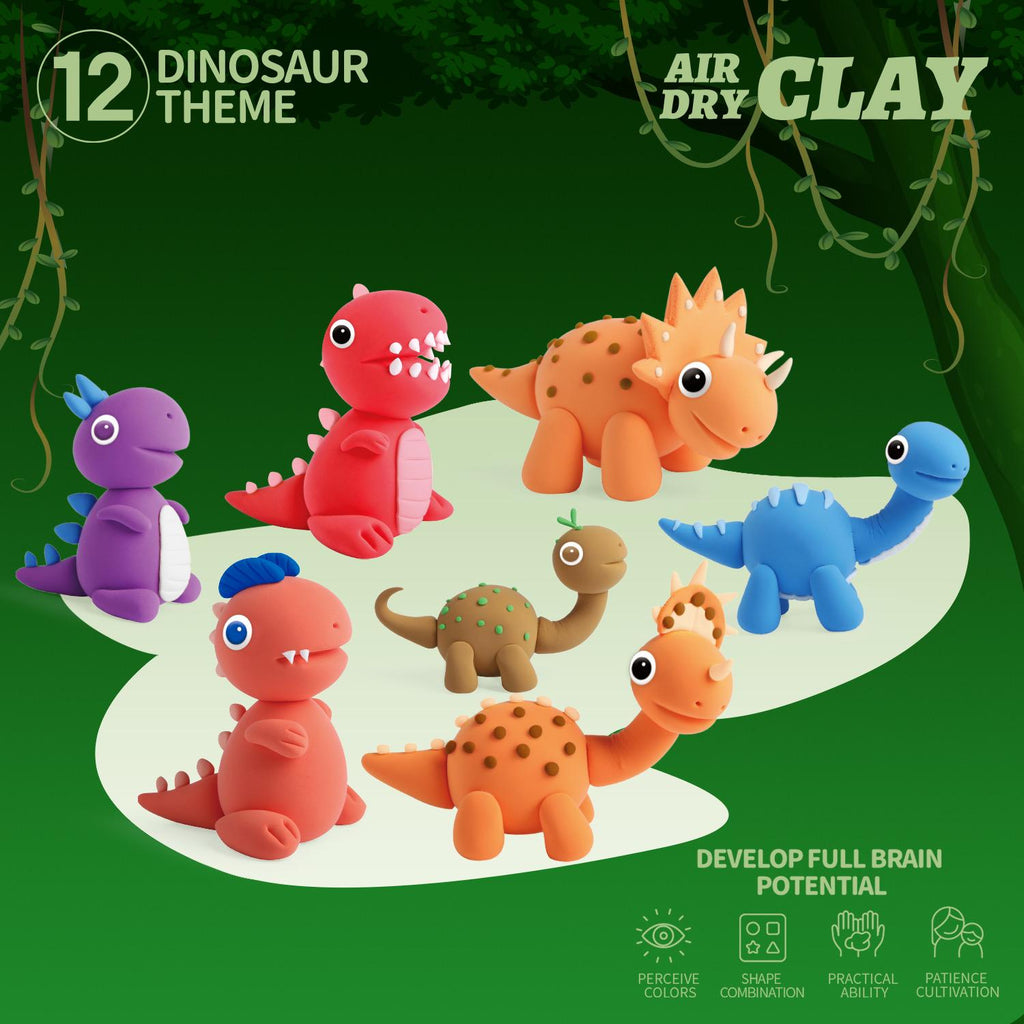 Playzokids Air Dry Clay Kit featuring dinosaur figures for Montessori educational play and creative dinosaur adventures.