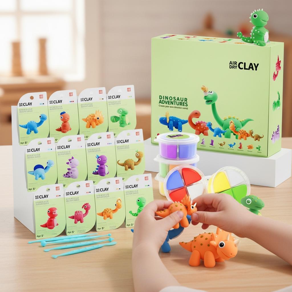 Playzokids air dry clay kit featuring dinosaur shapes, perfect for Montessori educational play and creative dinosaur adventures. Main image