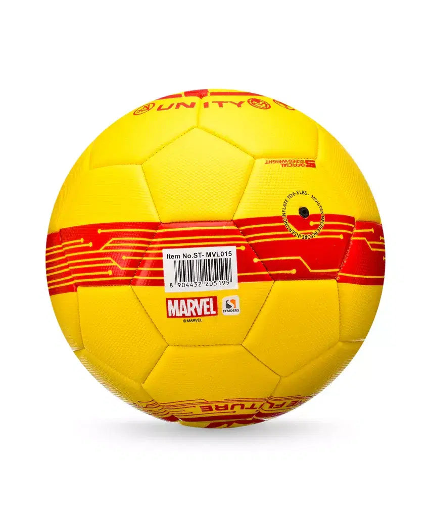 Marvel Iron Man football ball with red, gold, and black design, featuring Iron Man logo and artwork.