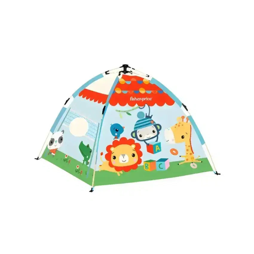 Fisher-Price The Forest Of Flashy Play Tent showing colorful fabric with forest-themed designs and mesh windows for kids' play area