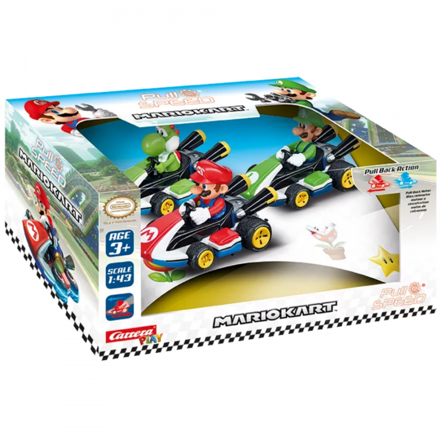 Carrera Pull 'n Speed Mario Kart triple pack featuring three colorful Mario-themed race car toy figures. Main image