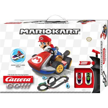 Carrera Mario Kart P-Wing toy race track set with colorful miniature cars and track pieces for kids' racing fun.