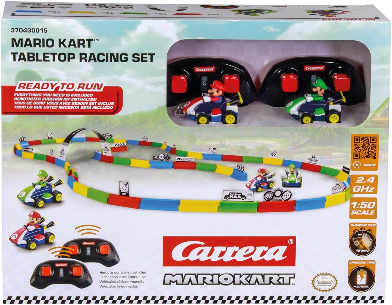 Carrera RC Mario Kart tabletop racing set with Mario and Luigi figures, featuring colorful race tracks and miniature cars. Main image
