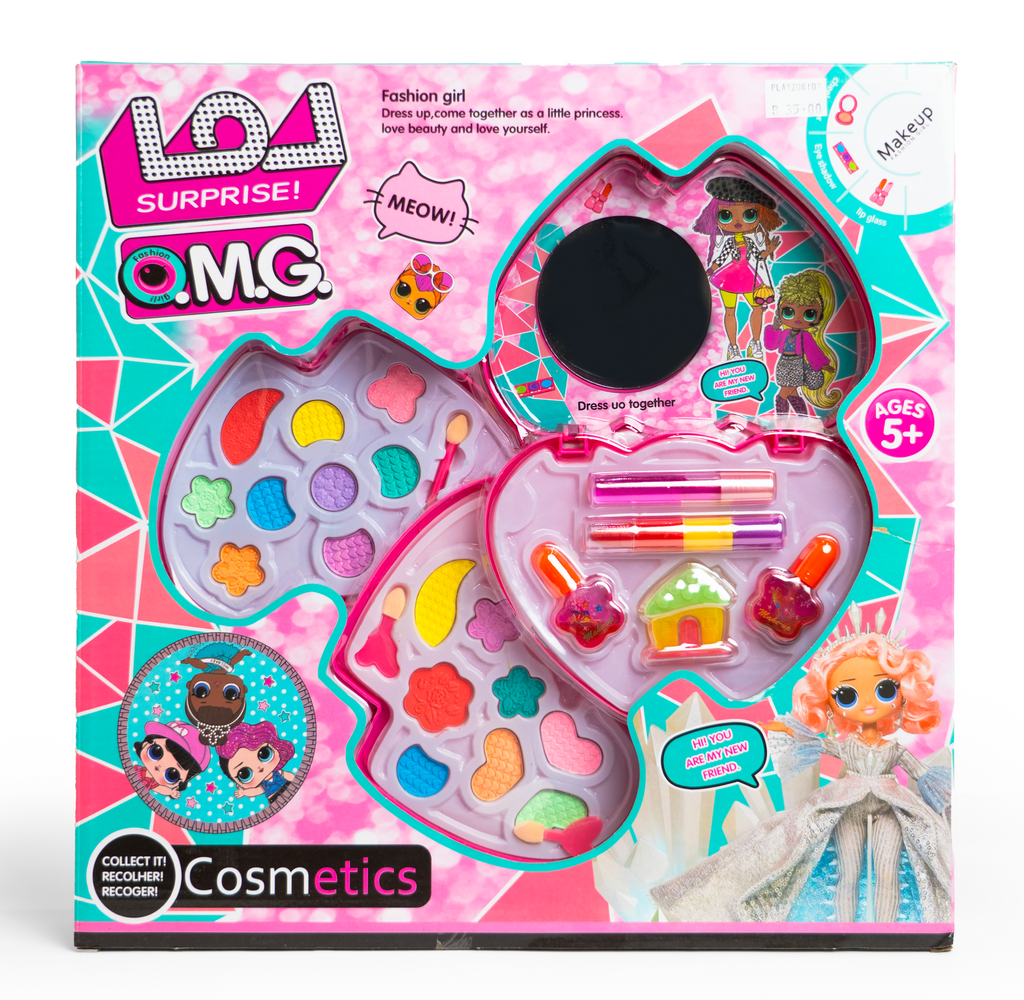Colorful LOL OMG Cosmetics Set toy with miniature makeup items and accessories for kids, displayed in a vibrant packaging.