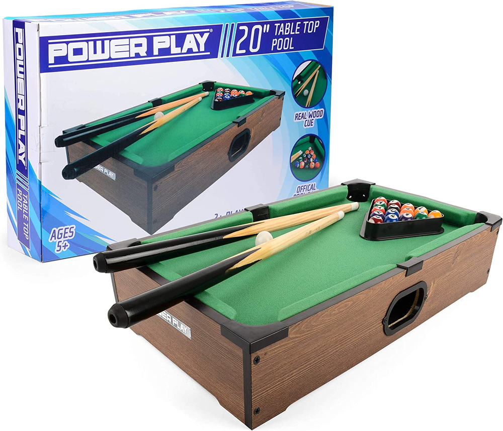 Power Play pool table toy with green felt surface and wooden frame, designed for indoor game and recreational fun.