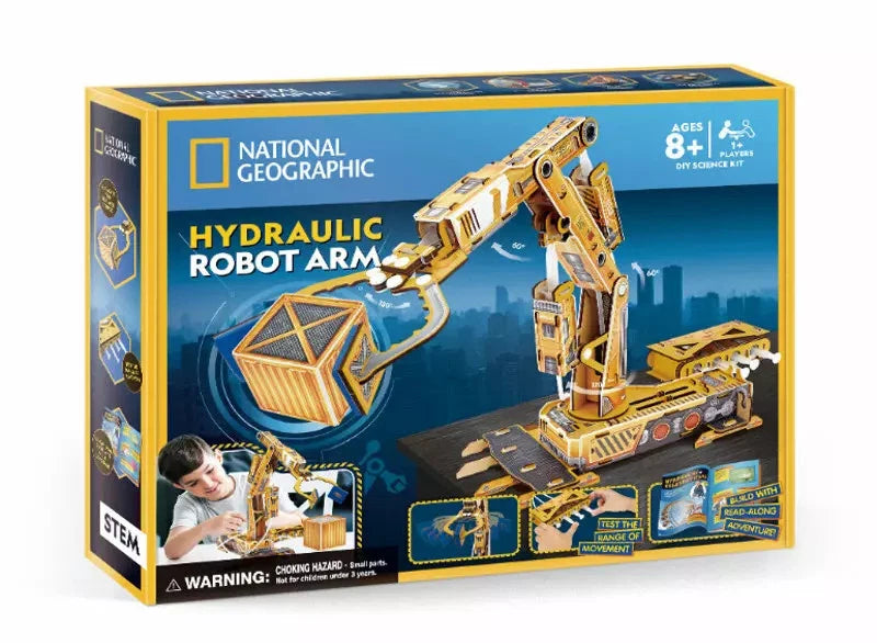 National Geographic hydraulic robot arm toy showing its mechanical joints and hydraulic cylinders for educational play. Main image