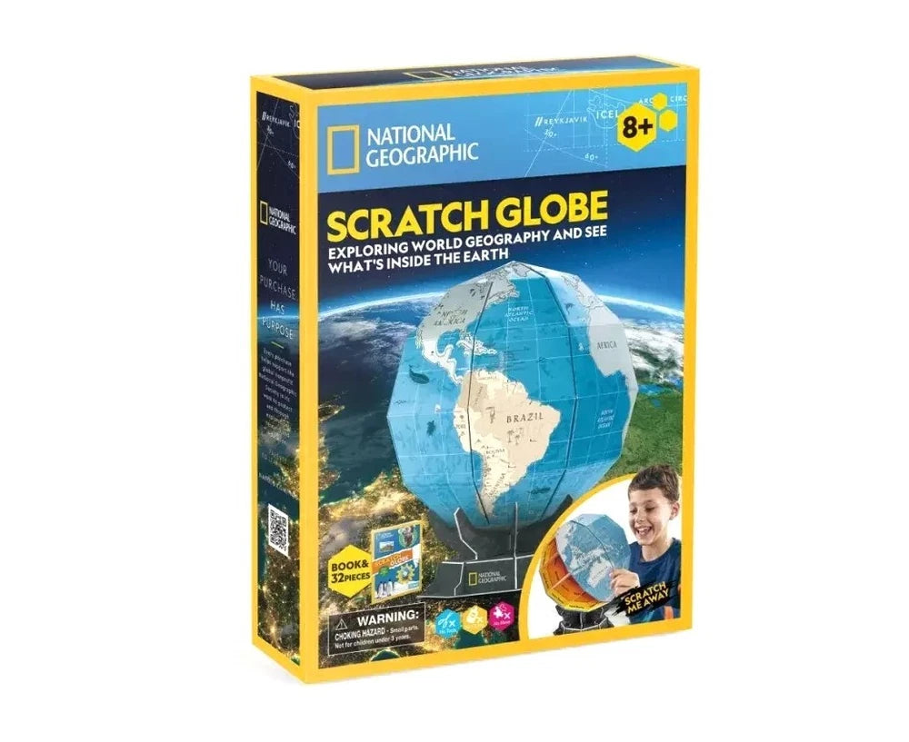 National Geographic CubicFun 3D Puzzle Scratch Globe with 31 pieces, showcasing a detailed miniature globe model for educational play.