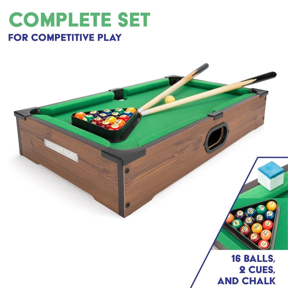 Power Play pool table toy with green felt surface, wooden frame, and billiard balls ready for play.