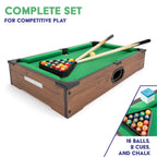 Power Play pool table toy with green felt surface, wooden frame, and billiard balls ready for play.