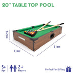 Power Play Pool Table toy with green felt surface, wooden frame, and billiard balls arranged on the table for play.