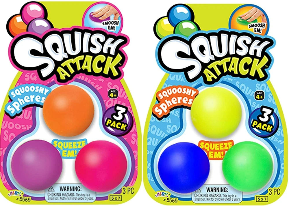 Set of 6 JARU mini stretchy sensory balls in assorted colors, squish attack toys for tactile play in two packs. Main image