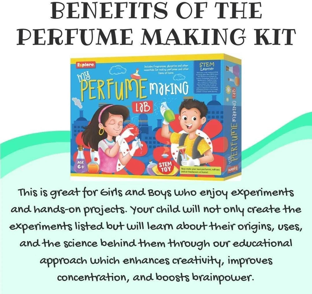 Explore STEM Learner My Perfume Making Lab toy set with bottles, fragrance samples, and tools for kids to create personalized perfumes.