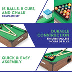 Power Play pool table toy with green felt surface, wooden frame, and billiard balls for children’s play and entertainment.