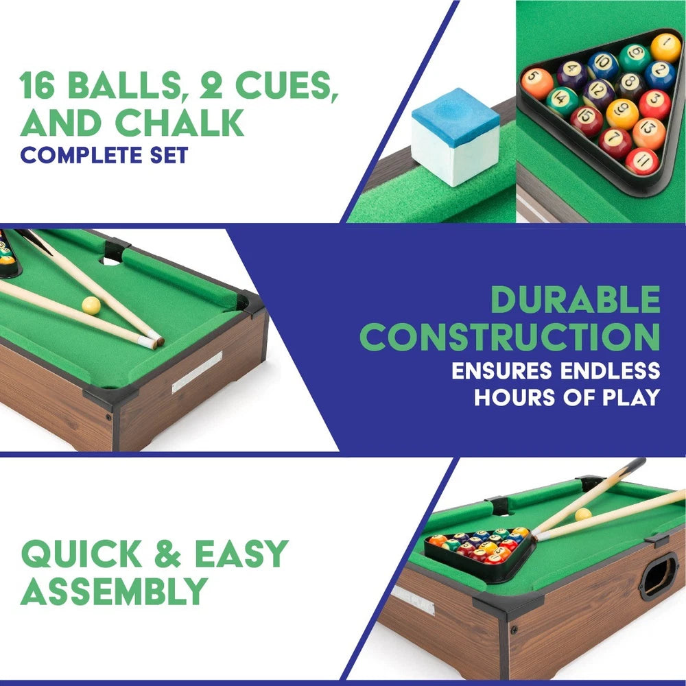 Power Play pool table toy with green felt surface, wooden frame, and billiard balls for children’s play and entertainment.
